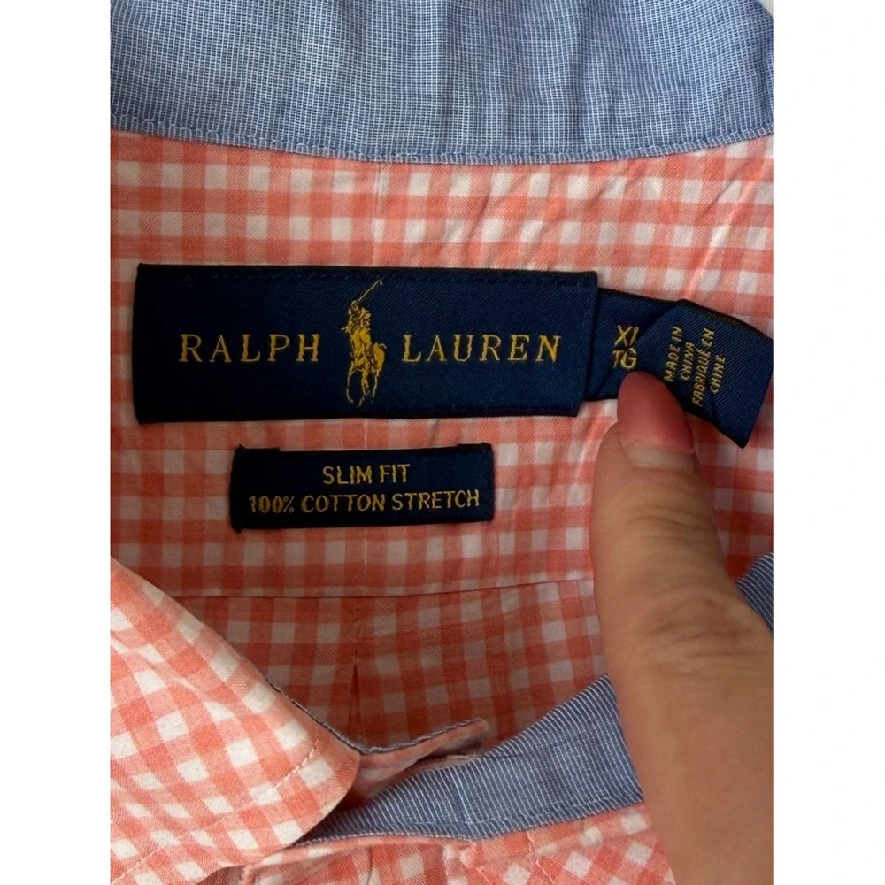 Ralph‎ Lauren Men's Button Down Shirt Orange Gingham Checkered Slim Fit Stretch
